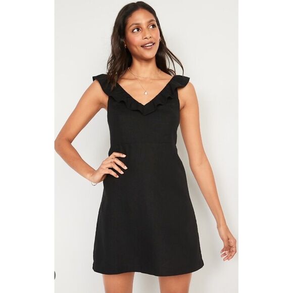 OLD NAVY Fit & Flare Linen Blend Black Smocked Back Ruffle Mini Dress - Picture 1 of 15